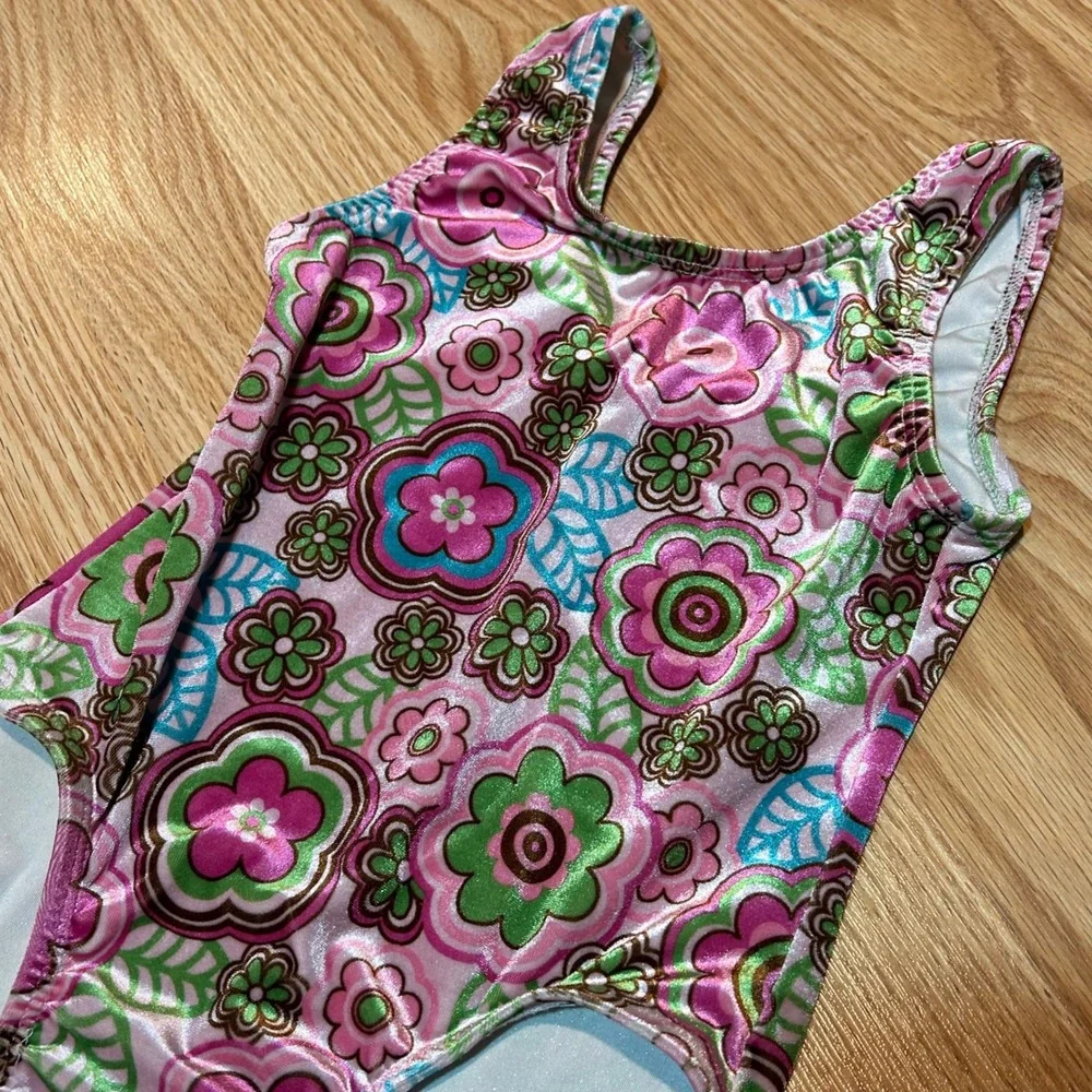 Girls Retro Flower Print‎ One Piece Leotard Kids Size S Pink Green Blue